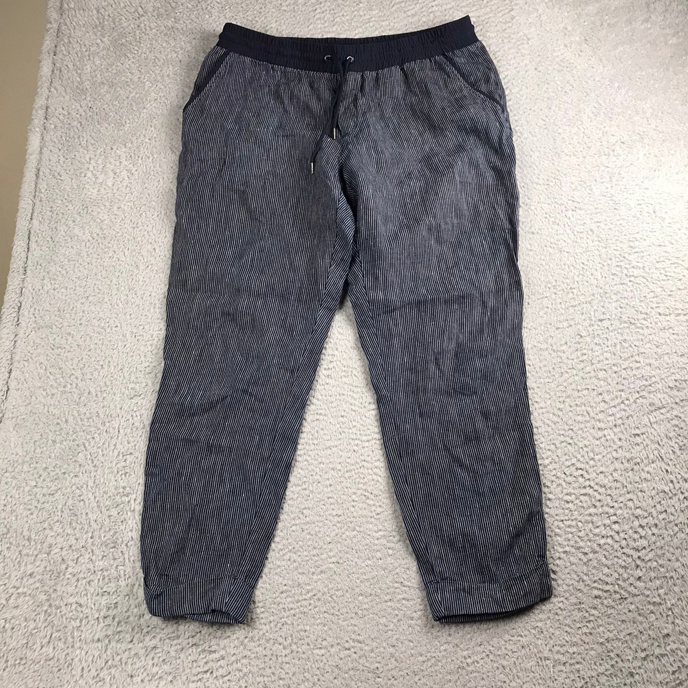 Athleta Stripe Bali Linen Ankle Pant Womens 16T Navy Nautical Coastal Resortwear